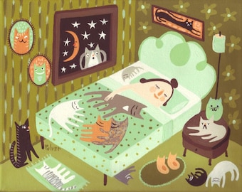 Cat Lady Sleeps Card - Funny Whimsical Grey Cat Black Cat White Cat Orange Cat Art Note Card Crazy Cat Lady Sleeps w Her Cats Sara Pulver