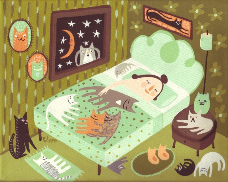 Cat Lady Sleeps Card - Funny Whimsical Grey Cat Black Cat White Cat Orange Cat Art Note Card Crazy Cat Lady Sleeps w Her Cats Sara Pulver