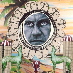 May include: A collage artwork with a man's face at the centre, encircled by a floral design. The image incorporates green wolves, a lobster, and the text "THE MOON". The background features a red and white floral pattern.