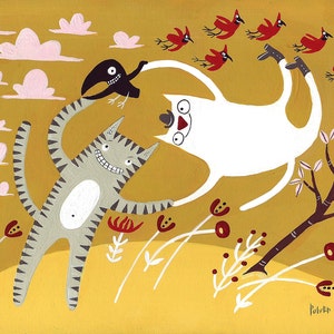Dancing Cats With Birds Art Print- Funny and Whimsical Blank Tiger Tabby and White Cat 5x7&quot; Reproduction Illustration
