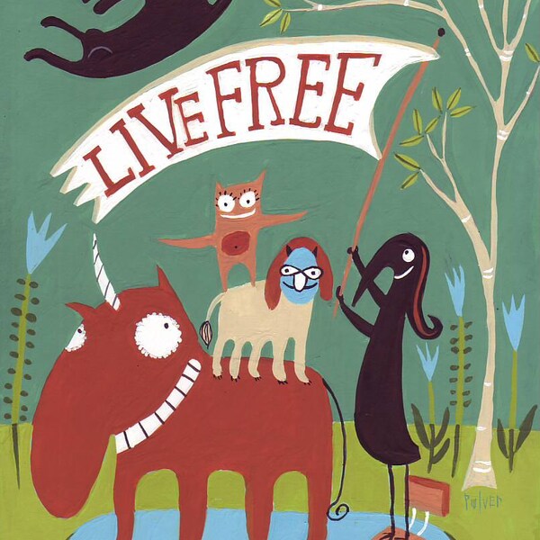 Live Free Animal Art Painting - Cat, Dogs, Unicorn and a Bird Flying the Flag - Whimsical Inspirational Follow your Bliss Artwork Decor