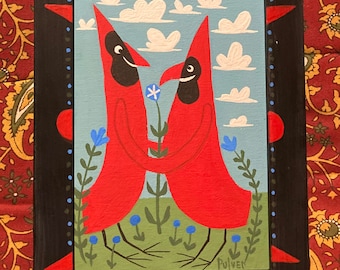 Gay Cardinals Painting - Framed Original Red Bird Folk Art by Sara Pulver