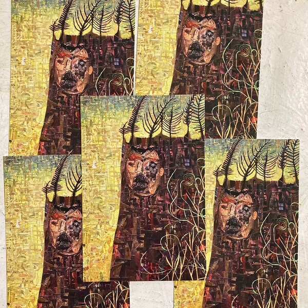 5 Tree Stump Collage Postcards - Outsider Folk Art Card Set by Sara Pulver 3crows