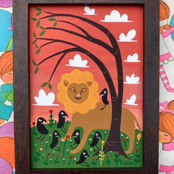 Lion with Crows Painting - Framed Original Wild Cat and Black Bird Folk Art by Sara Pulver