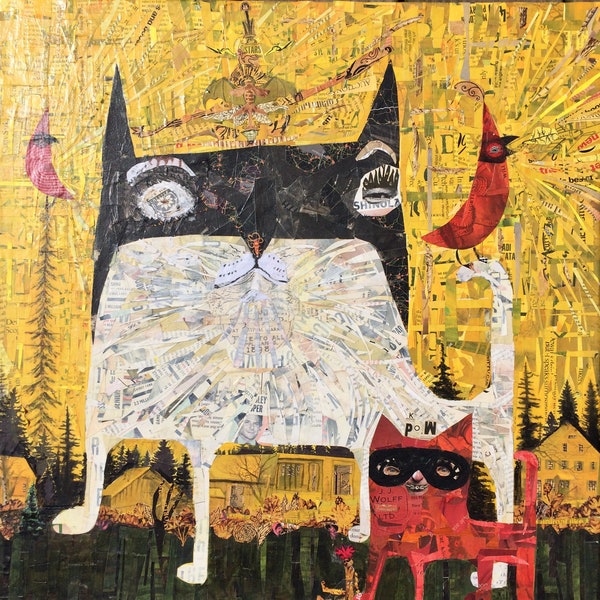 Cat Art Print - Masked Cats and Cardinals Collage Art Print on Stretched Canvas Image Extends to Sides Outsider Folk Artwork by Sara Pulver