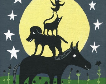 Black Horse Painting - Original Black Cat Black Dog Art on Canvas - Crow Animal Moon and Stars Folk Artwork by Sara Pulver 3crows