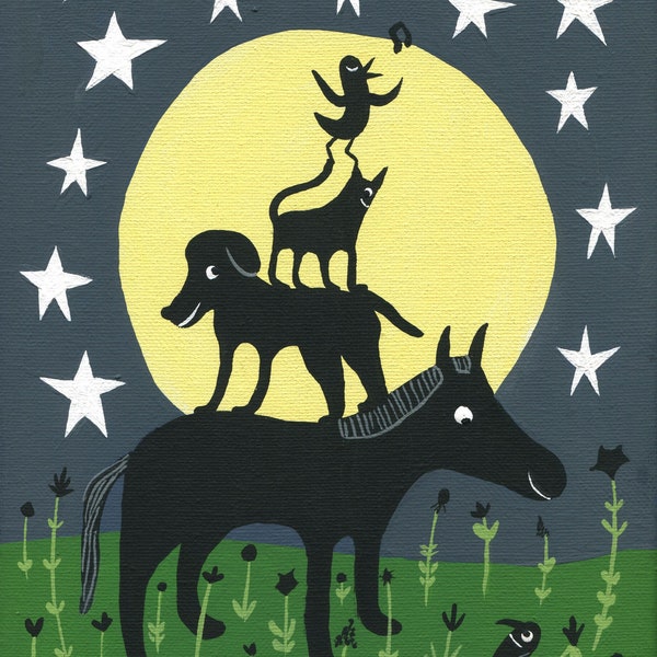 Black Horse Painting - Original Black Cat Black Dog Art on Canvas - Crow Animal Moon and Stars Folk Artwork by Sara Pulver 3crows