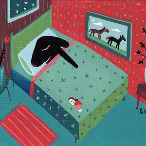 Dog ACEO Print Black Lab Sleeps In Bed Whimsical Funny Humorous