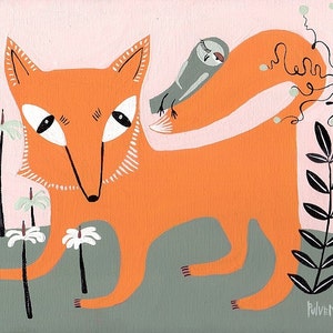 Fabulous Fox and Owl Art Print Fox Artwork Illustration Decor Pink, Grey and Orange image 2