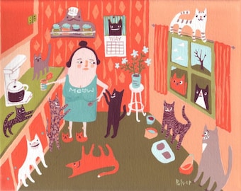 Funny Cat Art Note Card - Cat Lady in Kitchen Card - Rescue Cats Birthday Card Mothers Day Card - Sara Pulver 3crows 3 crows Black Cat