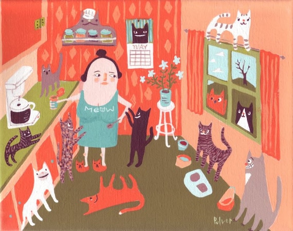 Funny Cat Art Note Card - Cat Lady in Kitchen Card - Rescue Cats Birthday Card Mothers Day Card - Sara Pulver 3crows 3 crows Black Cat