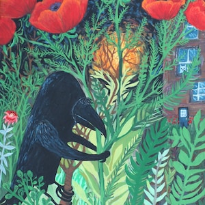 Crow & Poppies Art Print - Raven Black Bird Outsider Folk Art Crow Artwork by Sara Pulver 3crows Red Poppy Flowers Mysterious Art Wall Decor