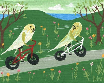 Budgie Art Print -Budgies on Bikes Art - Whimsical & Funny Parakeets Bird Riding Bicycles - Folk Artwork Wall Decor by Sara Pulver 3crows