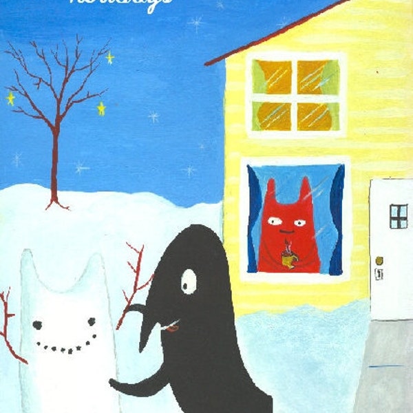 Cat n Crow Holiday Art Card - Bird Makes Snowman Folk Art Card - Christmas Card - Cute Quirky Funny Happy Holidays Card Sara Pulver 3crows