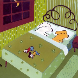 May include: A green and white patterned bed with a white and brown dog sleeping on it. Two small figures are sleeping on the bed as well. A nightstand with a lamp is in the background.