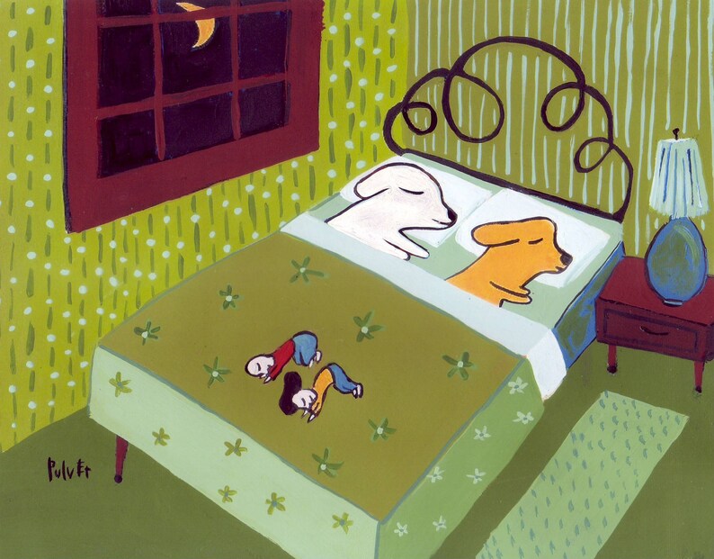 May include: A green and white patterned bed with a white and brown dog sleeping on it. Two small figures are sleeping on the bed as well. A nightstand with a lamp is in the background.