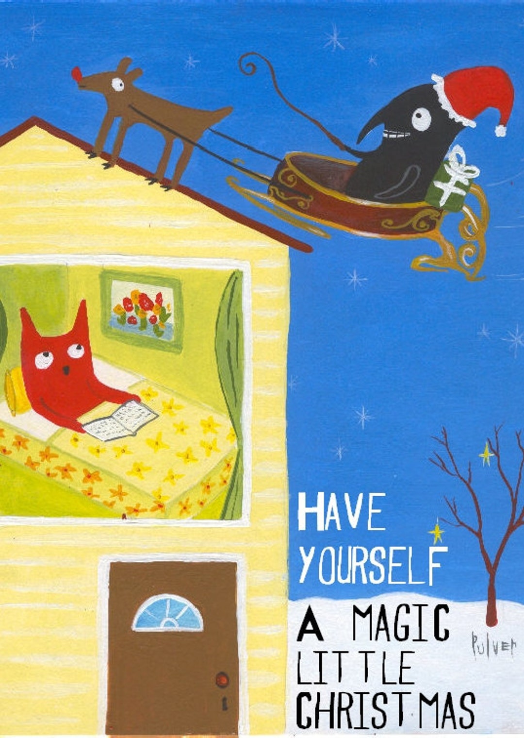 Funny Cat N Crow Christmas Art Card Whimsical Holiday Folk Art Note