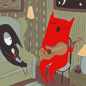 Tarjeta con diseño de gato cantando. Tarjeta con diseño de animal popular tocando la guitarra para un cuervo. Tarjeta con música divertida para cumpleaños.