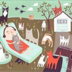 Katze Dame in Yard Karte - lustige wunderliche Kunst Note Card - jede Occaison Geburtstag Muttertag Ostern Rettung Katzen