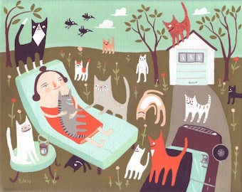 Gato señora en la tarjeta del patio - divertida tarjeta de la nota del arte whimsical - cualquier cumpleaños de Occaison cumpleaños día de pascua rescate gatos