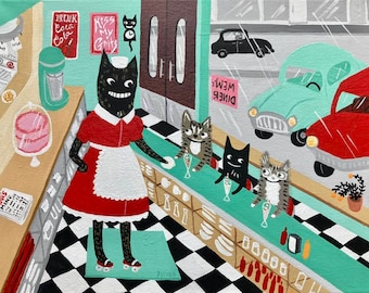 50's Diner with Cats and Kittens Note Card - Black Cat Waitress Folk Art Blank Greeting Card