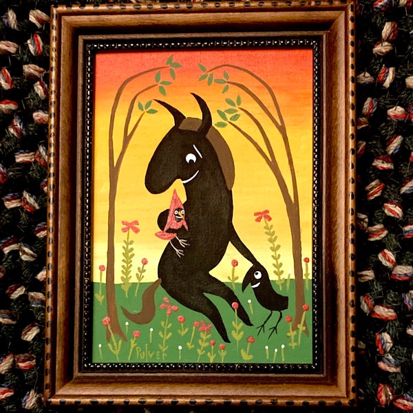 Black Horse with Cardinal and Crow Painting - Horse Art - Framed Original Animal & Bird Folk Art by Sara Pulver