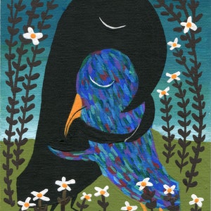 Crow Hugs Starling Note Card - 'There There' - Bird Folk Art by Sara Pulver - Miss You Sympathy Grieving Mourning Divorce