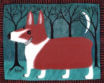 Welsh Corgi ACEO/ Art Trading Card Mini Print - Folk Art Dog Card Funny Corgi at Night