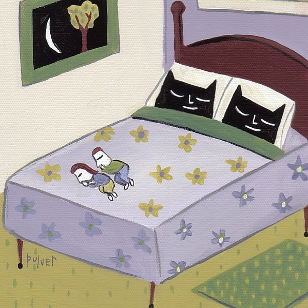 Black Cat Art Print - Funny Black Cats in Bed 5x7 Cat Artwork Wall Decor Sara Pulver 3crows 3 Crows Two Black Cats Art Print