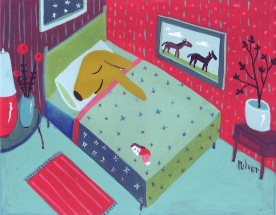 Funny Dog Art Print - Yellow Lab or Golden Retriever Sleeps in Bed 5x7" - Whimsical Dog Artwork Bedroom Wall Decor