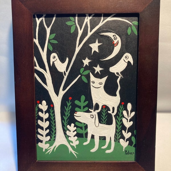 Dog, Cat & Crows Art - Framed Original White Animal and Birds at Night Painting by Sara Pulver