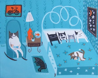 Zeven kat kunst Opmerking Card-samen slapen in bed artwork wenskaart-grillige Rescue katten