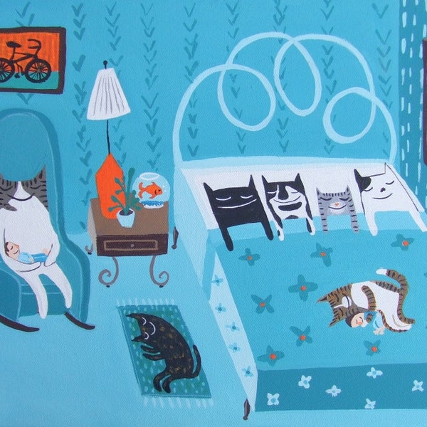 Seven Cat Art Print - Sleeping Together in Bed Artwork - Whimsical Rescue Cats Blue Bedroom Wall Decor Folk Art by Sara Pulver