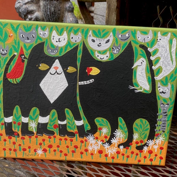 Cat Painting - Original Tuxedo Cat & Black Cat Folj Art by Sara Pulver- Cardinal Grey Tiger Cats