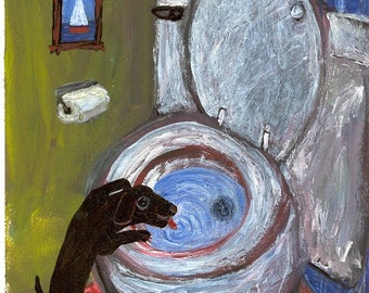 May include: A black dog with a long snout is drinking from a white toilet bowl. The toilet is in a bathroom with a green wall and a picture of a sailboat on the wall. The toilet bowl is filled with blue water.