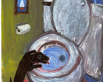 Black Dog Art Print - Lab Drinks Out of Toilet - Whimsical and Funny Bathroom Folk Art