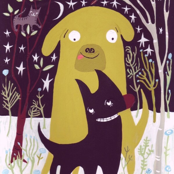Whimsical Yellow Dog w/ Black Dog Painting - Original Lab or Golden Retreiver with Schipperke Art includes Tiger Cat