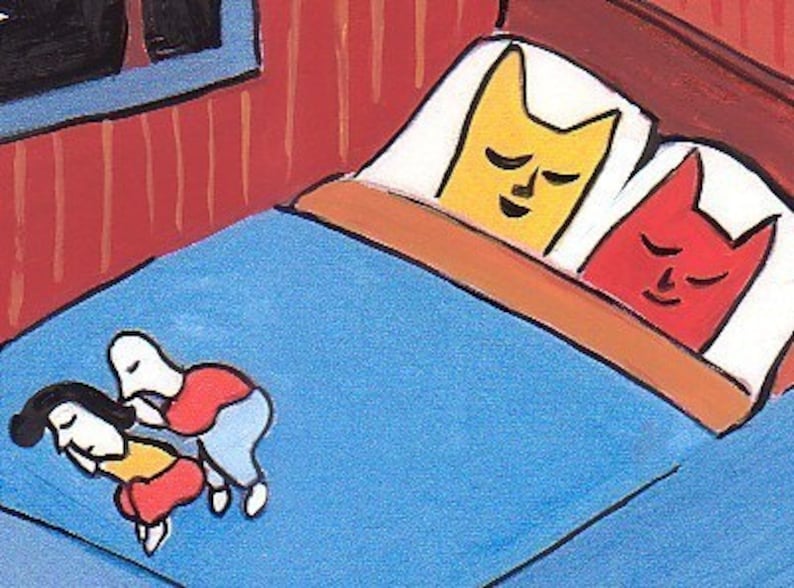 Grappige kat kaart - katten slapen in bed kaart volkskunst kaart - schattige kat kaart verjaardag kat kaart lege kat kaart twee katten kaart kunst door Sara Pulver afbeelding 2