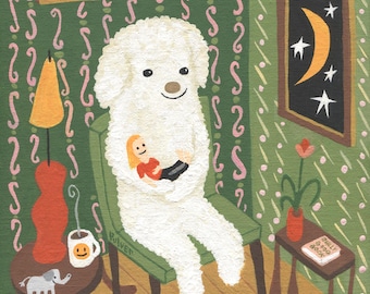 Witte hond en meisje Art Print - Home Sweet Home - grillige folk pluizige kleine witte poedel Bichon Frisé Bolognese Cotonese kunstwerken