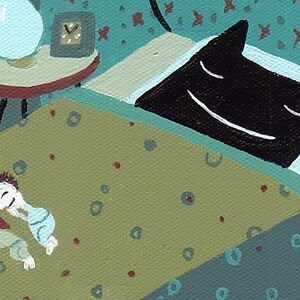May include: A painting of a bedroom scene with a black cat sleeping on a bed, two people sleeping on the floor, and a clock on a side table.