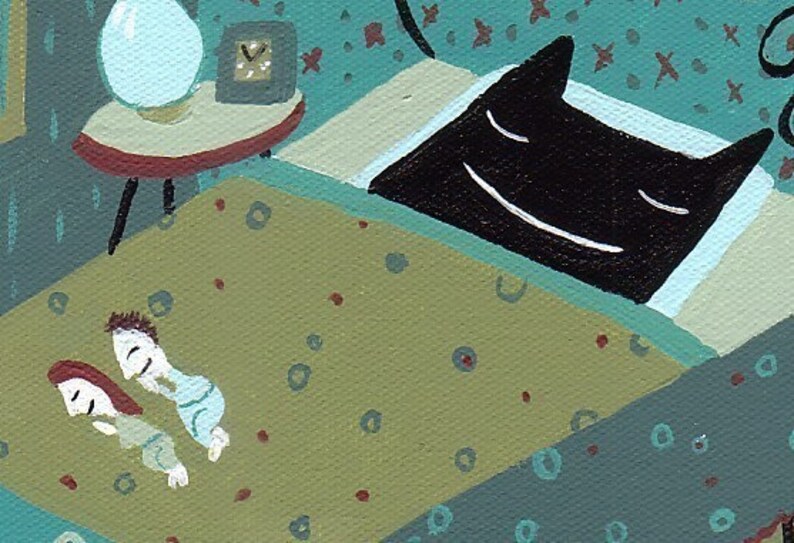 May include: A painting of a bedroom scene with a black cat sleeping on a bed, two people sleeping on the floor, and a clock on a side table.