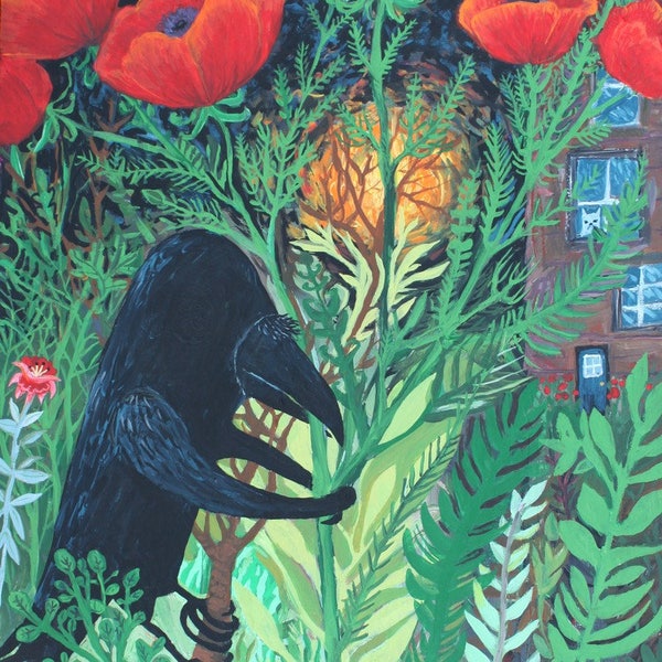 Crow & Poppies Art Print - Raven, Black Bird Outsider Folk Artwork by Sara Pulver - Turn Around Little Bird 8x10"