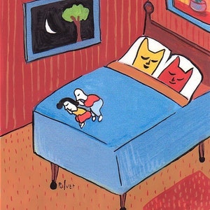 Carte drôle de chat - Cartes de chat dormant dans le lit Carte d'art populaire - Carte de chat mignonne Carte de chat d'anniversaire Carte de chat vierge Carte de deux chats par Sara Pulver