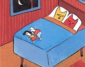 Funny Cat Card - Cats Sleep in Bed Card Folk Art Card - Cute Cat Card Birthday Cat Card Blank Cat Card Two Cats Card Art by Sara Pulver