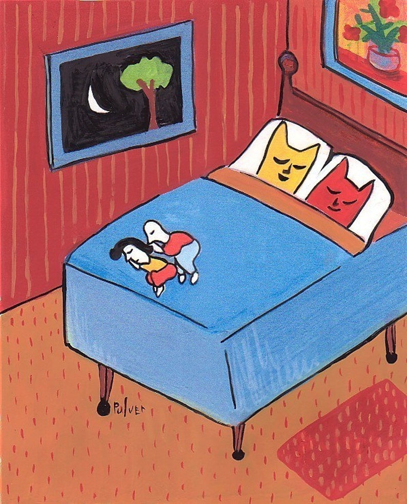Grappige kat kaart - katten slapen in bed kaart volkskunst kaart - schattige kat kaart verjaardag kat kaart lege kat kaart twee katten kaart kunst door Sara Pulver afbeelding 1