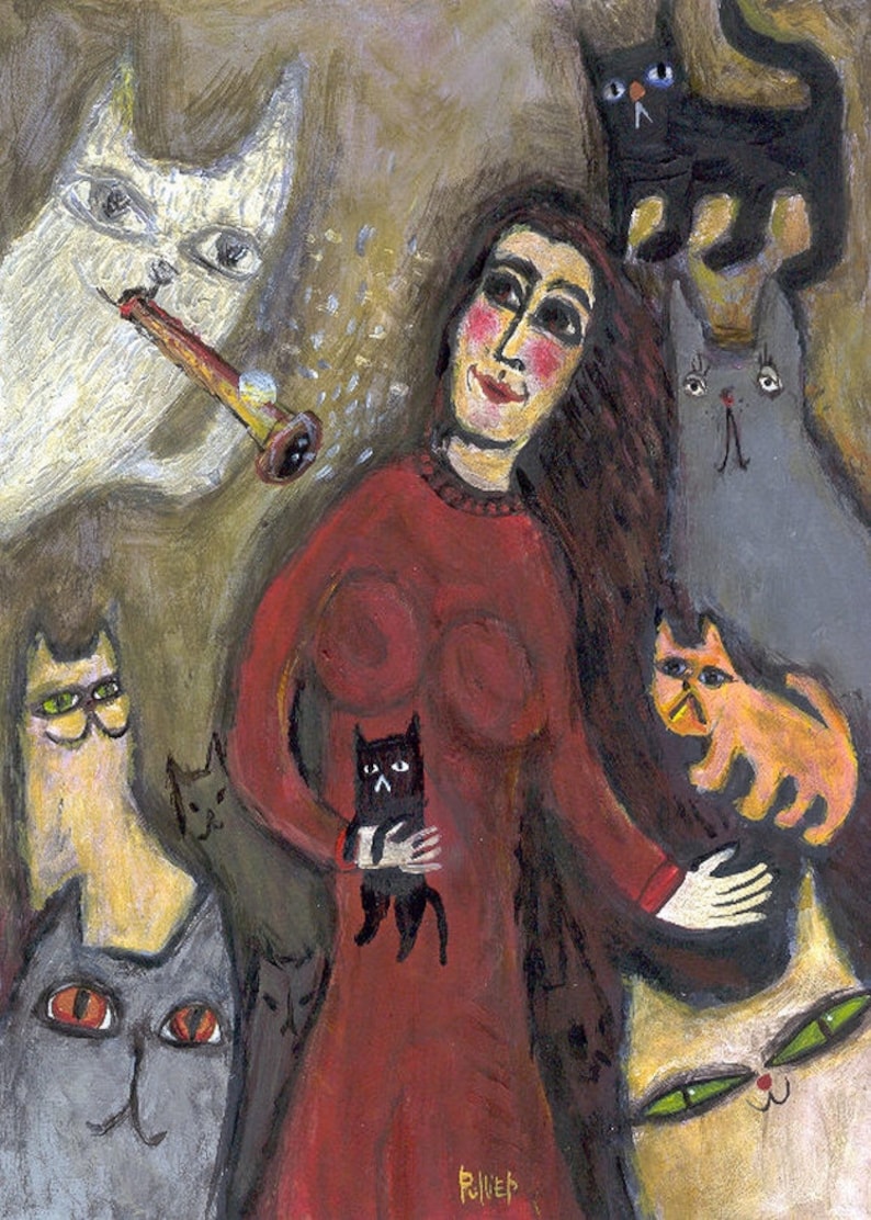 CAT Chagall Inspired Art Print Girl with her CATS Folk Art Animal Crazy Cat Lady 5x7 Illustration Rescue Cats Lover image 1