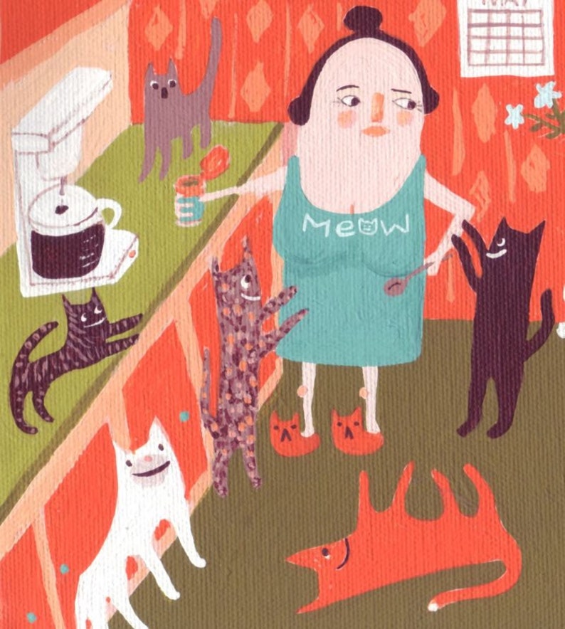 May include: A woman in a turquoise dress with the word "Meow" printed on it is surrounded by five cats. The woman is wearing red slippers and is holding a spoon. The cats are various colors and are in different positions. The scene is painted in a whimsical style with bright colors.