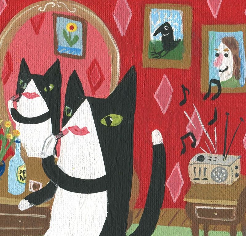 Tuxedo Cat Art Print - Funny Black White Cat Putting on Lipstick W Girl ...