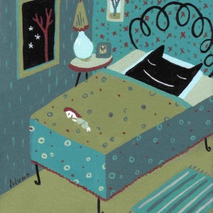 May include: A black cat sleeps in a bed with a teal and white patterned bedspread. A small figure with red hair sleeps under the covers. The bed has a headboard with a black metal frame. The room has a teal and white patterned wallpaper with red accents.