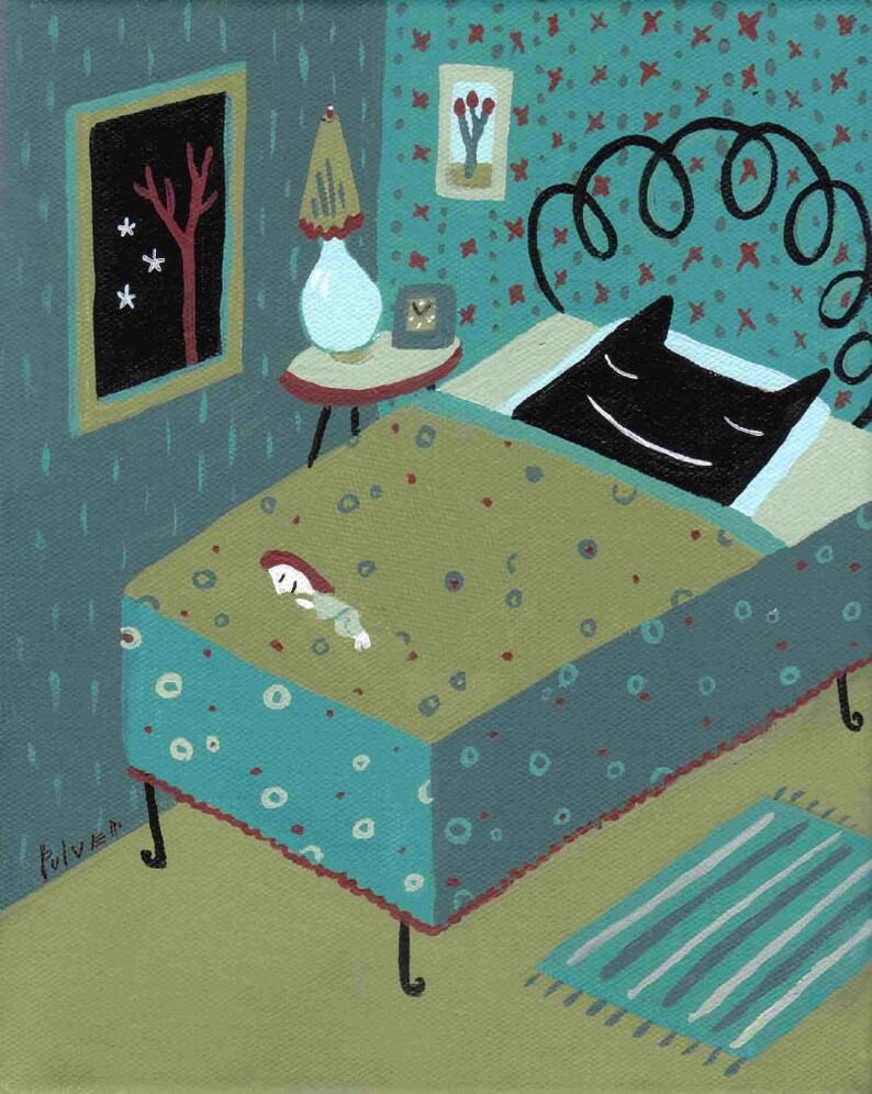 May include: A black cat sleeps in a bed with a teal and white patterned bedspread. A small figure with red hair sleeps under the covers. The bed has a headboard with a black metal frame. The room has a teal and white patterned wallpaper with red accents.